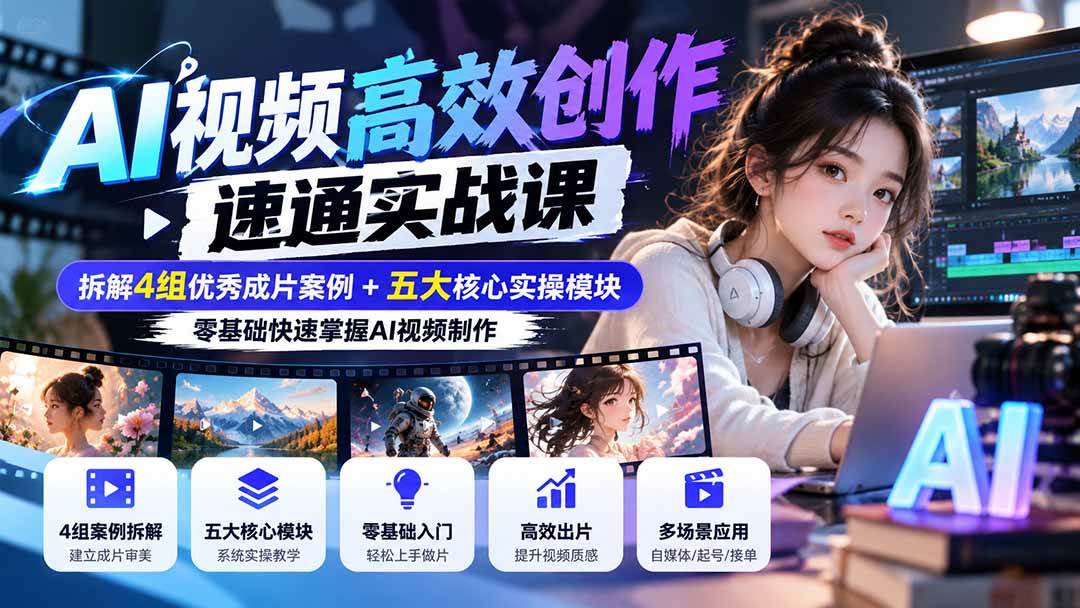（20819期）【无水印】AI视频高效创作速通实战课：拆解4组优秀成片案例+五大核心实操模块，零基础快速掌握AI视频制作-777网创网