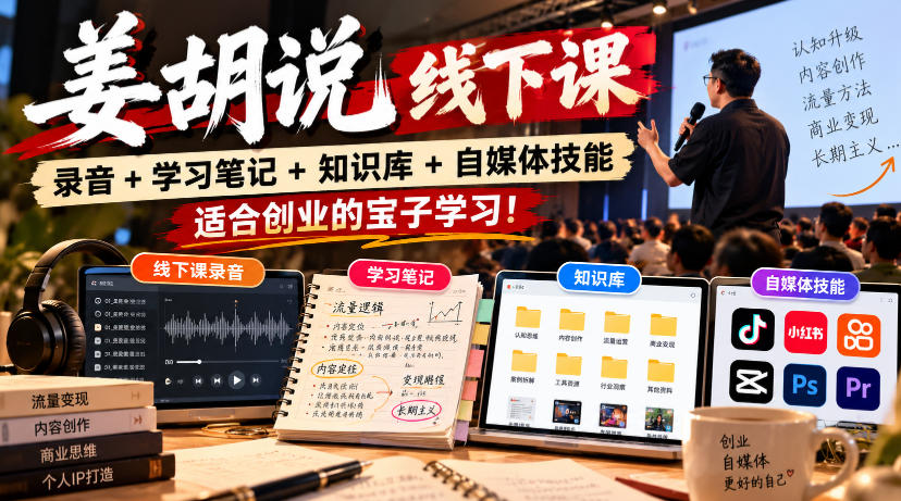姜胡说线下课录音＋学习笔记＋知识库＋自媒体技能，适合创业的宝子学习！-777网创网