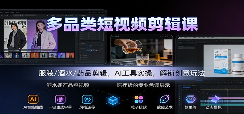 多品类短视频剪辑课:服装/酒水/药品剪辑,AI工具实操,解锁创意玩法-777网创网