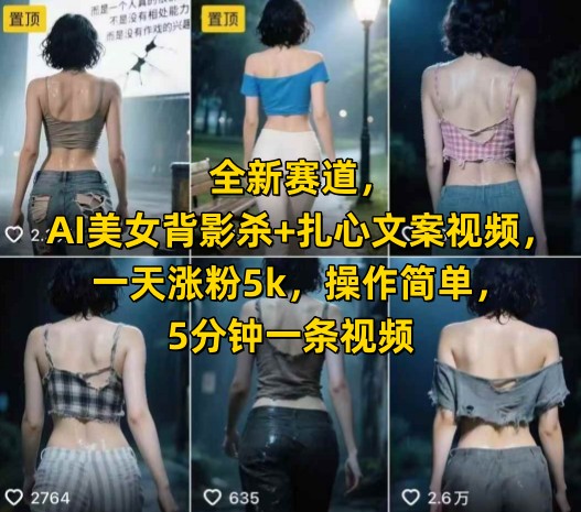 全新赛道,AI美女背影杀+扎心文案视频,一天涨粉5k,操作简单,5分钟一条视频-777网创网