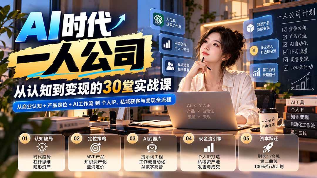 (20847期)【无水印】AI时代一人公司30堂实战课:从商业认知+产品定位+AI工作流到个人IP、私域获客与变现全流程-777网创网