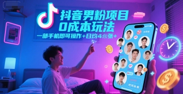 抖音男粉项目0成本玩法,一部手机即可操作,日均4张+,时间自由