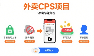 外卖CPS项目，公域内容变现，零基础可上手，无需囤货、不用发货、不必露脸、纯佣变现-777网创网