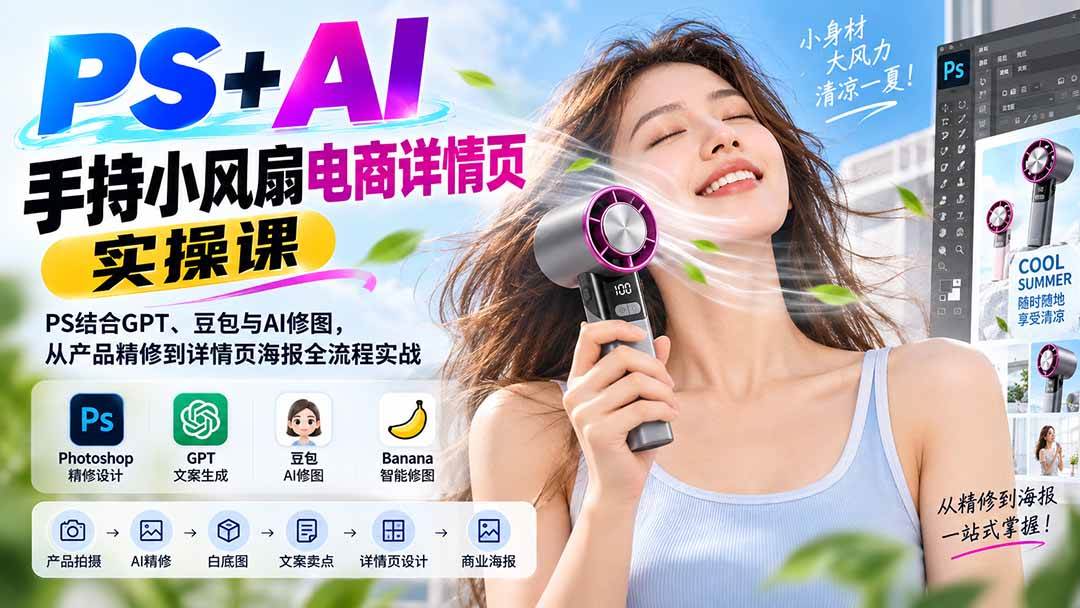 （20273期）PS+AI手持小风扇电商详情页实操课：PS结合GPT、豆包与AI修图，从产品精修到详情页海报全流程实战-777网创网