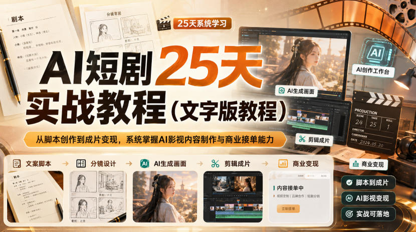 AI短剧25天实战教程(文字版教程),从脚本创作到成片变现,系统掌握AI影视内容制作与商业接单能力-777网创网
