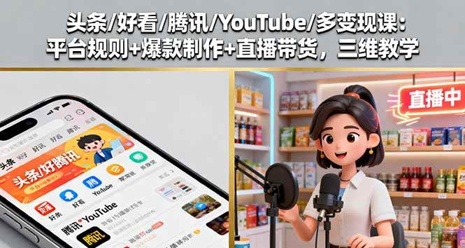 （16147期）头条/好看/腾讯/YouTube/多变现课：平台规则+爆款制作+直播带货，三维教学-777网创网