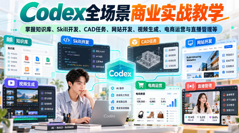 【无水印】Codex全场景商业实战教学,掌握知识库、Skill开发、CAD任务、网站开发、视频生成、电商运营与直播管理等-777网创网