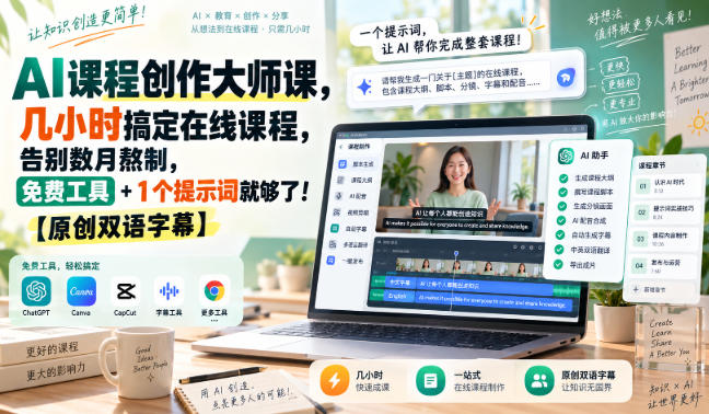 AI课程创作大师课,几小时搞定在线课程,告别数月熬制,免费工具+1个提示词就够了!【原创双语字幕】-777网创网