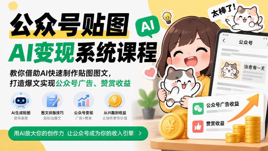 公众号贴图AI变现系统课程｜教你借助AI快速制作贴图图文，打造爆文实现公众号广告、赞赏收益-777网创网