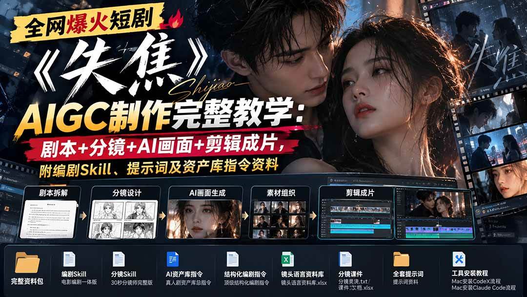 (20805期)全网爆火短剧《失焦》AIGC制作完整教学:剧本+分镜+AI画面+剪辑成片,附编剧Skill、提示词及资产库指令资料-777网创网