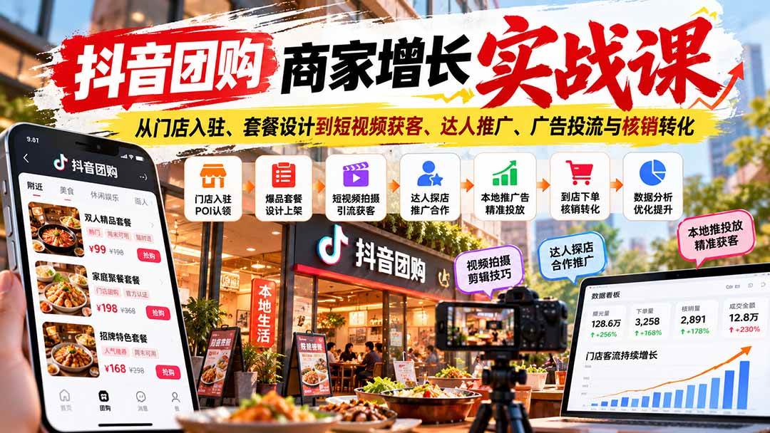 (20813期)抖音团购商家增长实战课:从门店入驻、套餐设计到短视频获客、达人推广、广告投流与核销转化-777网创网