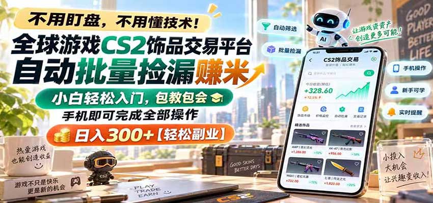 全球游戏CS2饰品交易平台自动批量捡漏赚米,手机即可完成全部操作,日入300+-777网创网