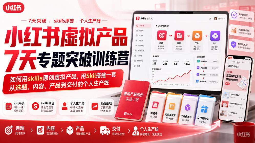 小红书虚拟产品7天专题突破训练营，如何用skills原创虚拟产品，用Skil搭建一套从选题、内容、产品到交付的个人生产线-777网创网