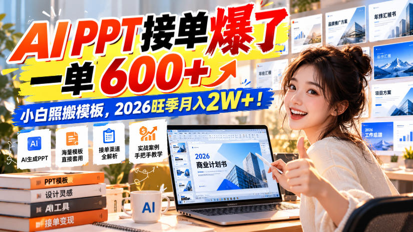 AI PPT接单爆了,一单600+,小白照搬模板,2026旺季月入2W+!