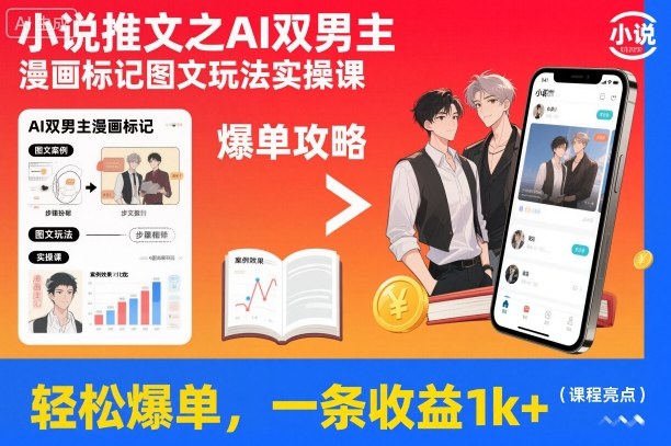 小说推文之AI双男主漫画标记图文玩法实操课，轻松爆单，一条收益1k+-777网创网