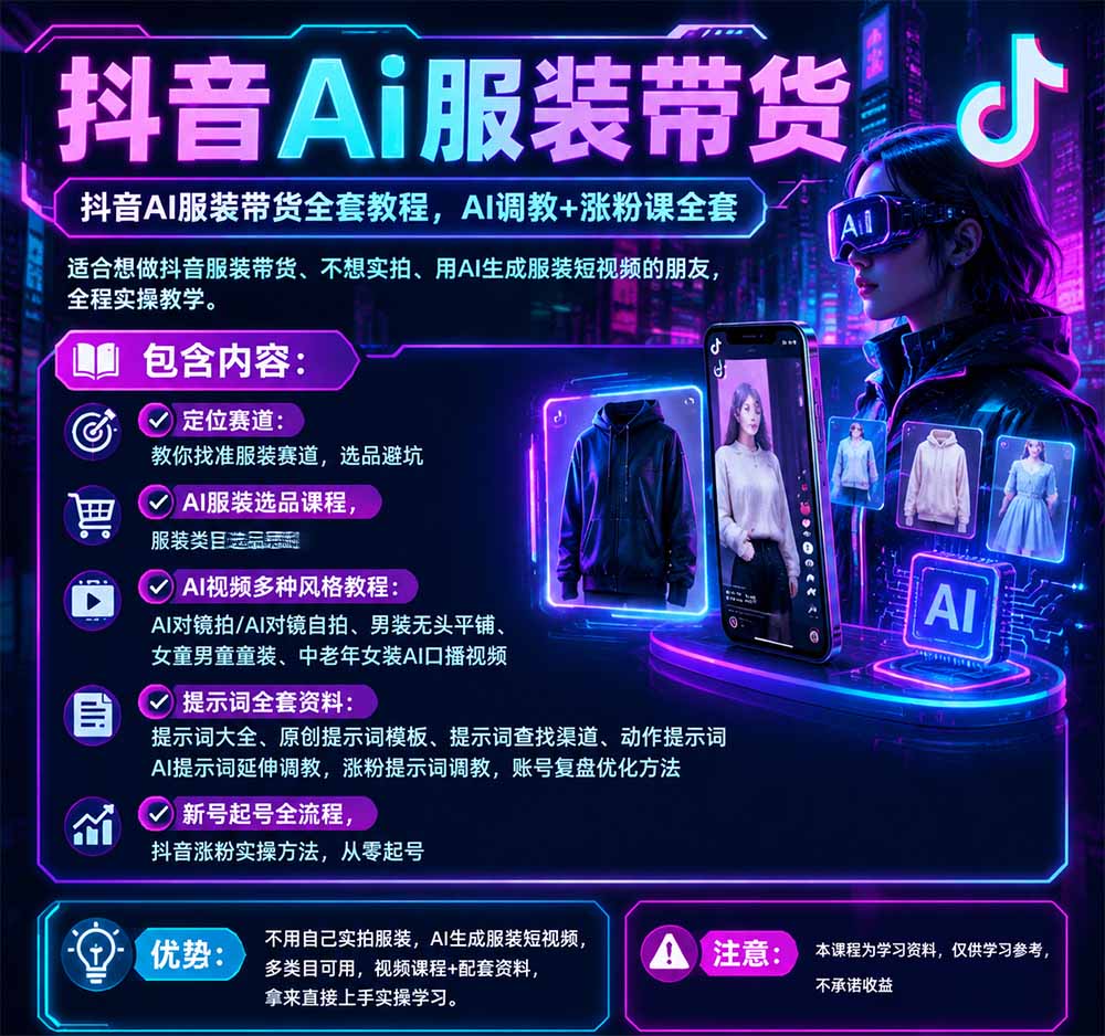 抖音AI服装带货全套教程,不靠真人出镜,利用AI批量制作服装带货短视频,打通选品、AI提示词调教、起号涨粉全流程-777网创网