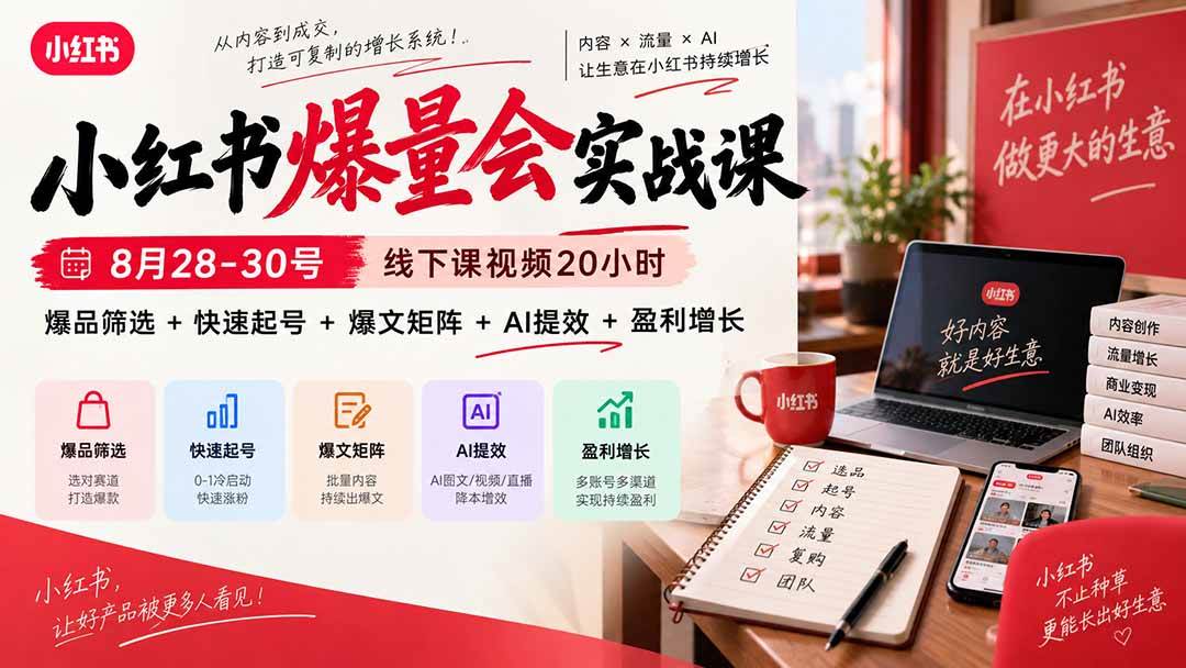 (20359期)小红书爆量会实战课:8月28-30号线下课视频20小时,爆品筛选+快速起号+爆文矩阵+AI提效+盈利增长-777网创网