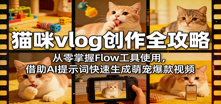 猫咪vlog创作全攻略：从零掌握Flow工具使用，借助AI提示词快速生成萌宠爆款视频-777网创网