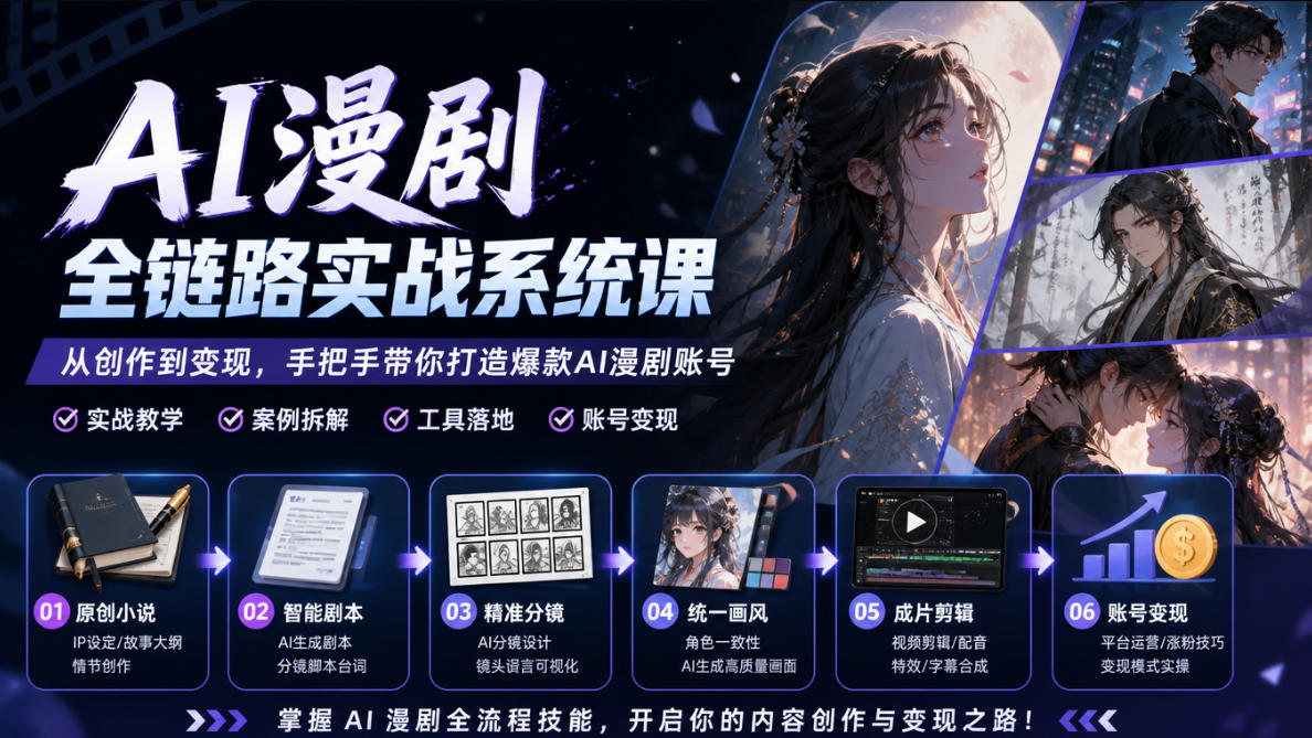 AI漫剧全链路实战系统课|原创小说、智能剧本、精准分镜、统一画风、成片剪辑、账号变现实操教学-777网创网
