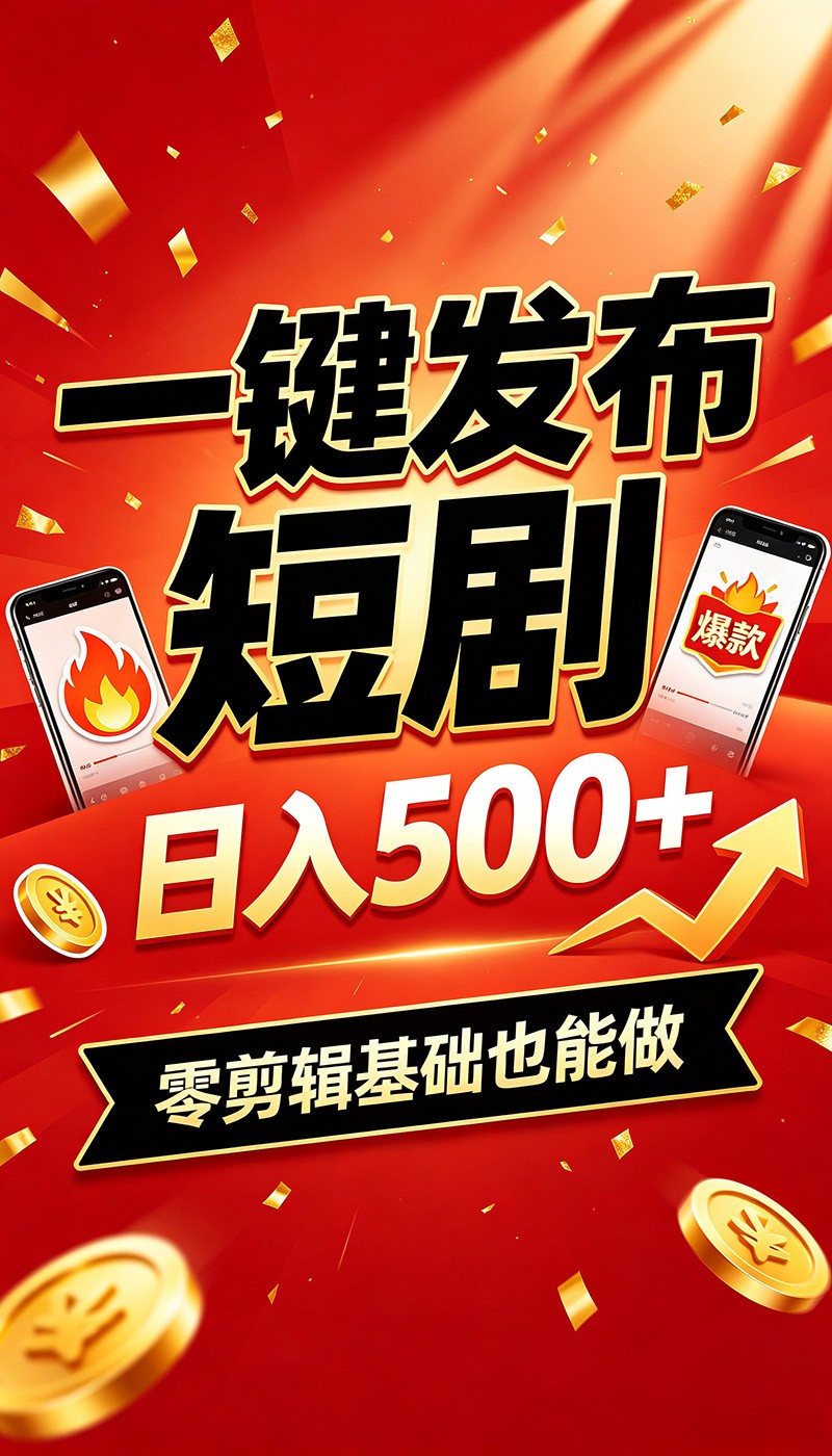快手短剧一键发布，不用剪辑操作简单，副业日入500+。空闲时间轻松赚收益-777网创网