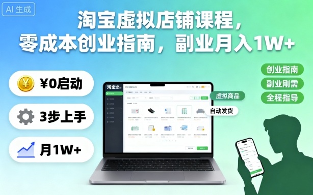 淘宝虚拟店铺课程,零成本创业指南,副业月入1W+