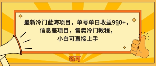 最新冷门蓝海项目,单号单日收益多张,信息差项目,售卖冷门教程,小白可直接上手