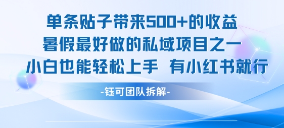 单条贴子带来5张的收益，暑假最好做的私域项目之一，小白也能轻松上手，有小红书就行-777网创网