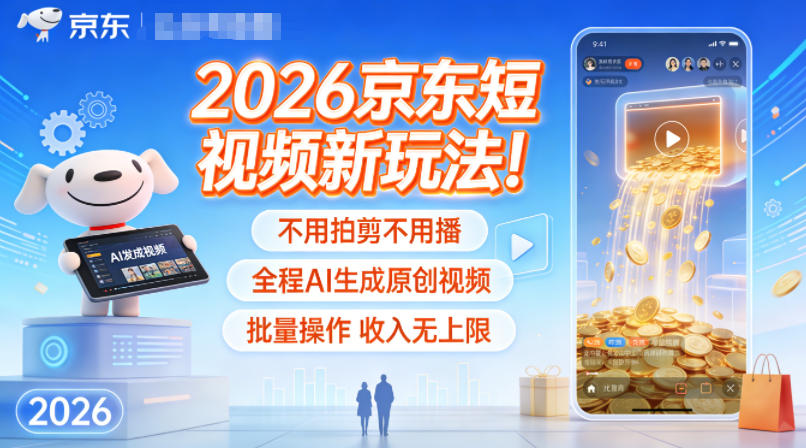 2026京东短视频新玩法！不用拍剪不用播，全程AI生成原创视频，批量操作收入无上限-777网创网