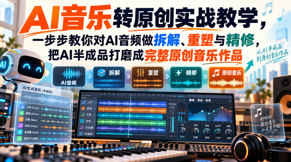 AI音乐转原创实战教学,一步步教你对AI音频做拆解、重塑与精修,把AI半成品打磨成完整原创音乐作品-777网创网