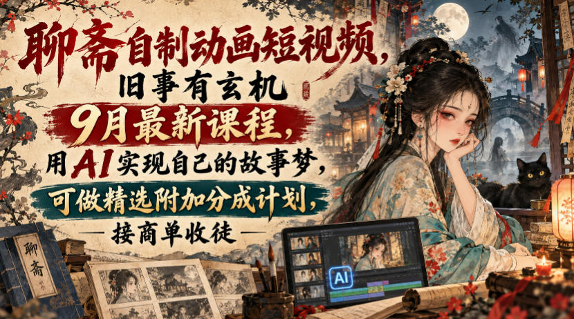 聊斋自制动画短视频，旧事有玄机9月最新课程，用AI实现自己的故事梦，可做精选附加分成计划，接商单收徒-777网创网