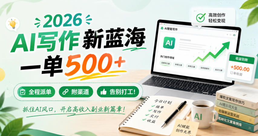 2026 AI写作新蓝海，一单500+，全程派单，附渠道，告别打工！【揭秘】-777网创网