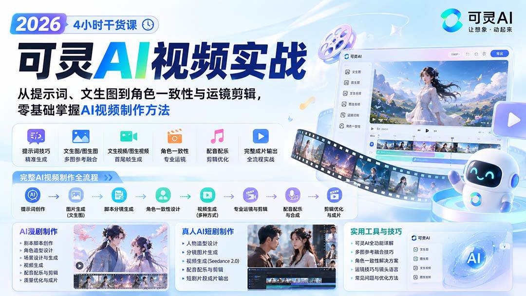 （20136期）2026可灵AI视频实战-4小时干货课：从提示词、文生图到角色一致性与运镜剪辑，零基础掌握AI视频制作方法-777网创网