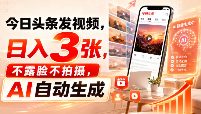 今日头条发视频，日入3张，不露脸不拍摄，AI自动生成-777网创网