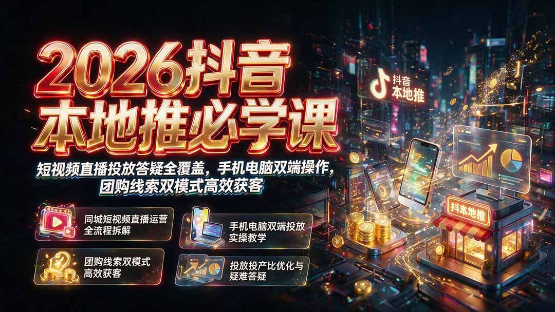 2026抖音本地推必学课｜短视频直播投放答疑全覆盖，手机电脑双端操作，团购线索双模式高效获客-777网创网