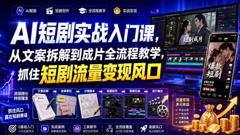 AI短剧实战入门课,从文案拆解到成片全流程教学,抓住短剧流量变现风口-777网创网