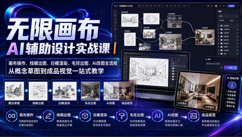 无限画布AI辅助设计实战课|画布操作、线稿出图、白模渲染、毛坯出图、AI改图全流程,从概念草图到成品视觉一站式教学-777网创网