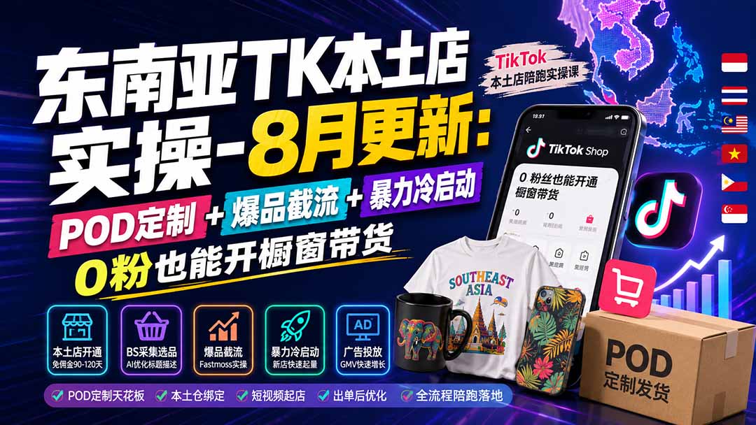 东南亚TK本土店实操-8月更新：POD定制+爆品截流+暴力冷启动，0粉也能开橱窗带货-777网创网