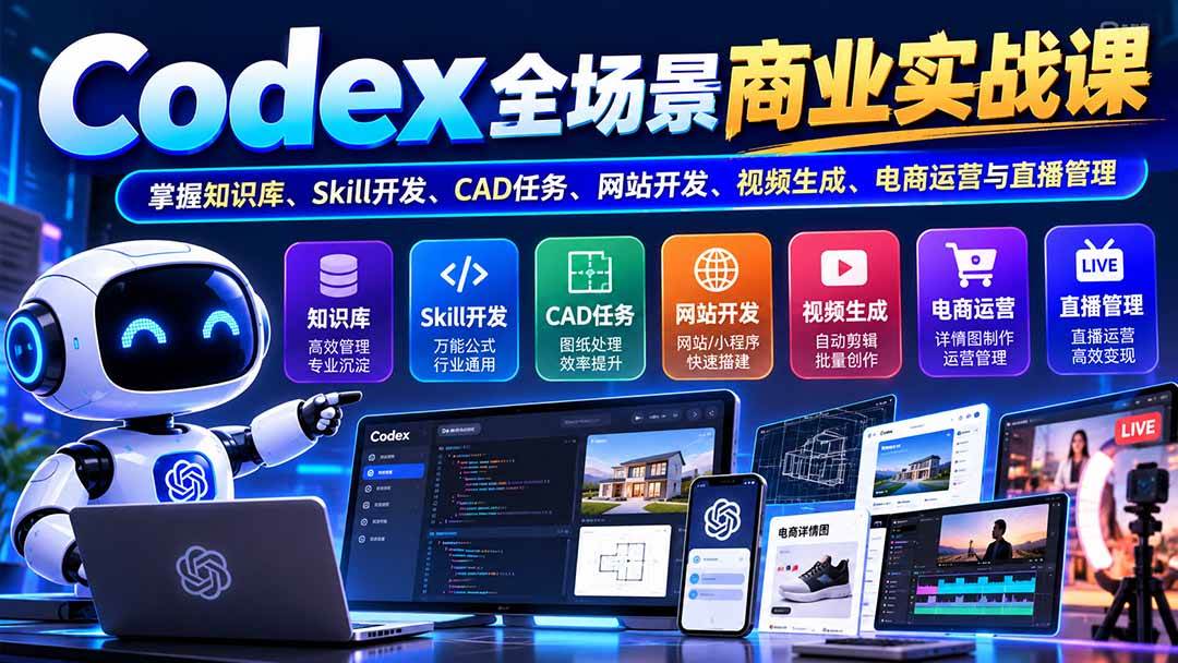 （20712期）【无水印】Codex全场景商业实战课：掌握知识库、Skill开发、CAD任务、网站开发、视频生成、电商运营与直播管理-777网创网