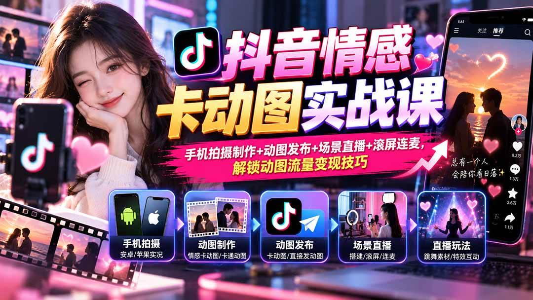 (20815期)抖音情感卡动图实战课:手机拍摄制作+动图发布+场景直播+滚屏连麦,解锁动图流量变现技巧-777网创网