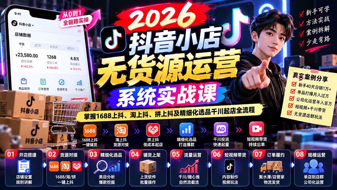 （20659期）2026抖音小店无货源运营系统实战课：掌握1688上抖、淘上抖、拼上抖及精细化选品千川起店全流程-777网创网