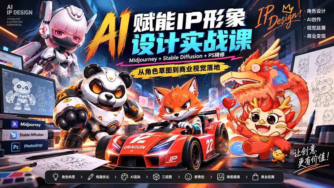 (20552期)AI赋能IP形象设计实战课-无水印:Midjourney+Stable Diffusion+PS精修,从角色草图到商业视觉落地-777网创网