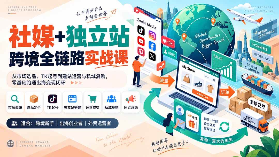 (20361期)社媒+独立站跨境全链路实战课:从市场选品、TK起号到建站运营与私域复购,零基础跑通出海变现闭环-777网创网