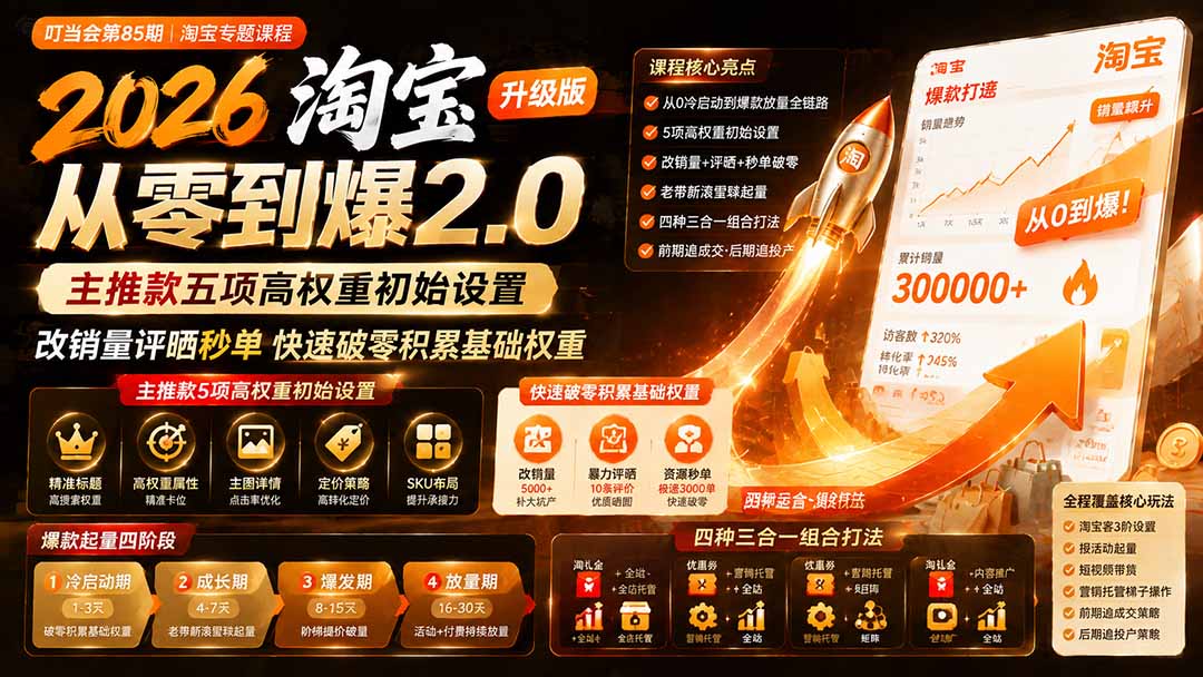 2026淘宝从零到爆2.0第85期;主推款五项高权重初始设置,改销量评晒秒单快速破零积累基础权重-777网创网