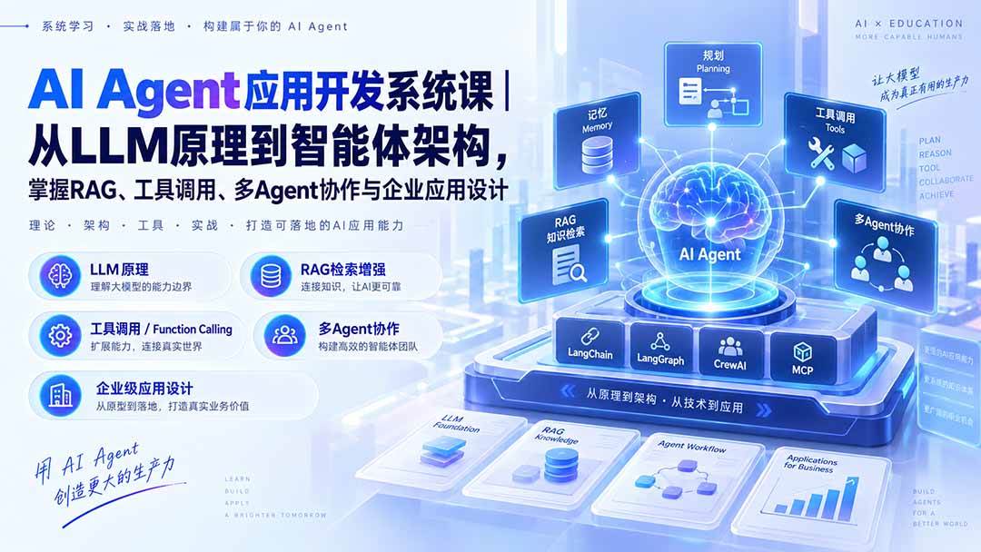 (20564期)AI Agent应用开发系统课-179节|从LLM原理到智能体架构,掌握RAG、工具调用、多Agent协作与企业应用设计-777网创网