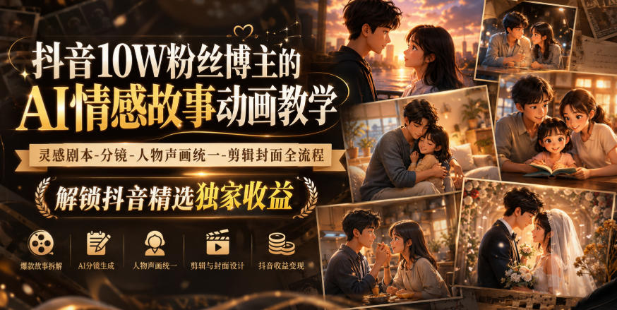 抖音10W粉丝博主的AI情感故事动画教学,灵感剧本‑分镜‑人物声画统一‑剪辑封面全流程,解锁抖音精选独家收益-777网创网