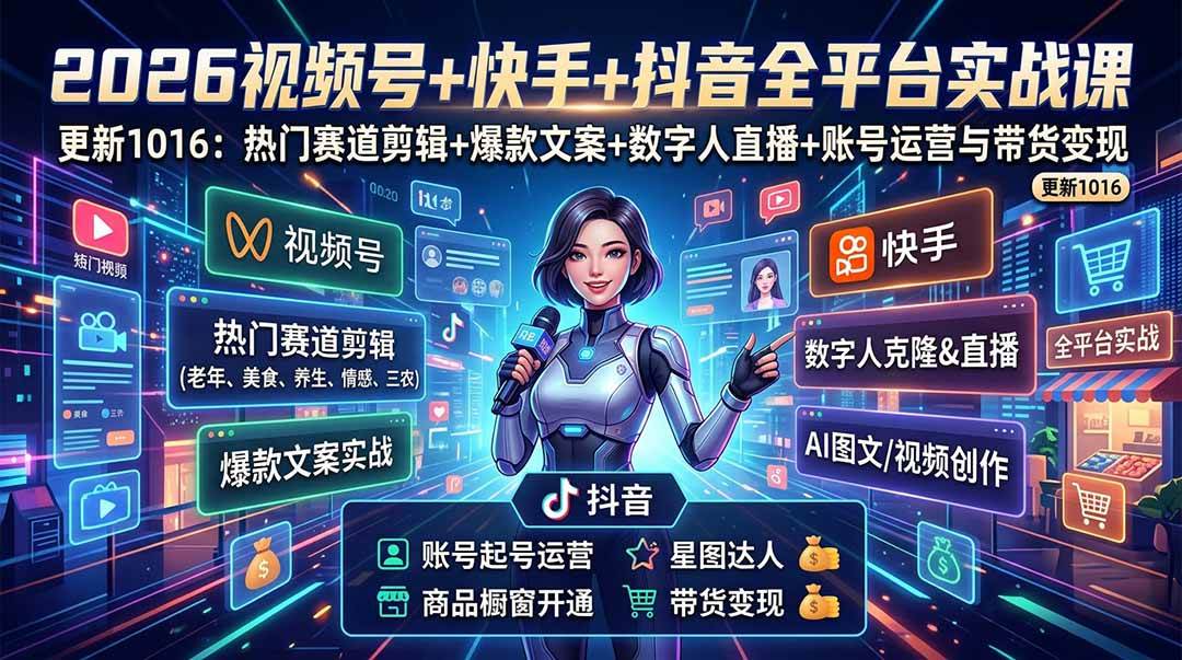 （20997期）视频号+快手+抖音三大平台的全栈剪辑+数字人直播实战课-3月更新：快速实现短视频变现-777网创网