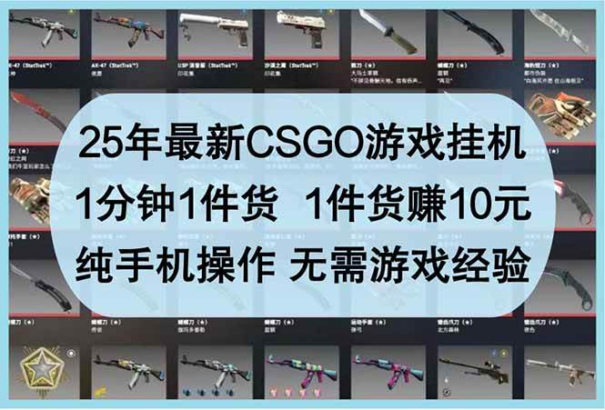 (14439期)25年最新CSGO游戏挂机,1分钟1件货,1件货赚10元 纯手机操作 无需游戏经验-777网创网