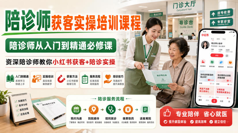 陪诊师获客实操培训课程，陪诊师从入门到精通必修课，资深陪诊师教你小红书获客+陪诊实操-777网创网