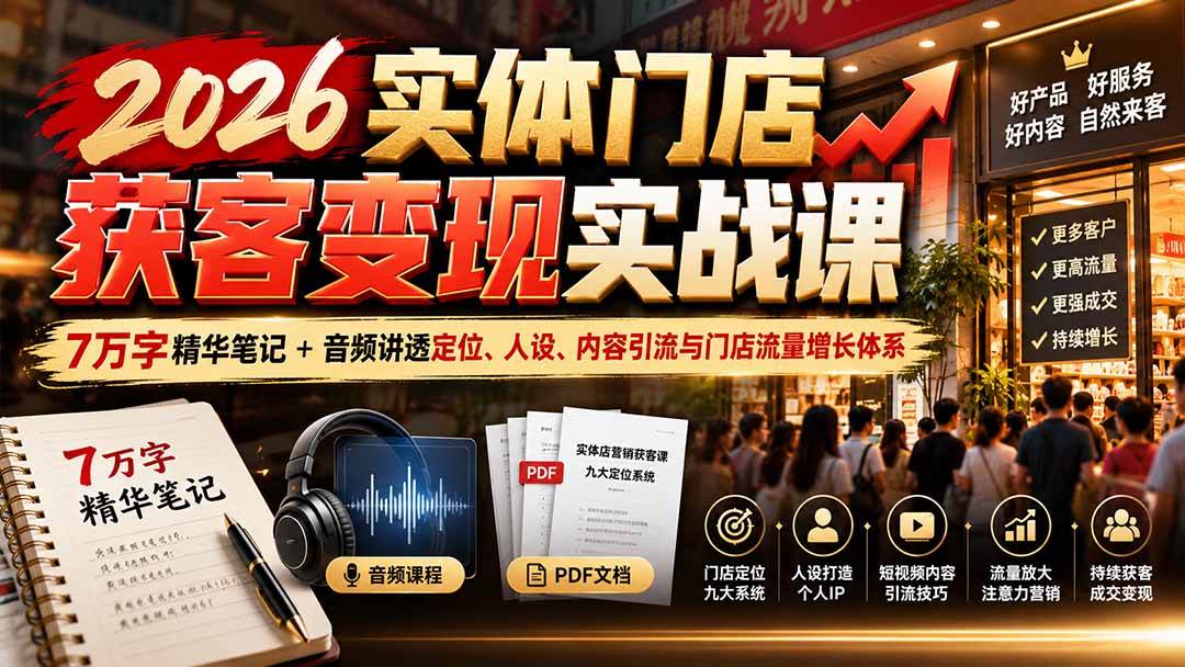 (20832期)2026实体门店获客变现实战课:7万字精华笔记+音频讲透定位、人设、内容引流与门店流量增长体系-777网创网