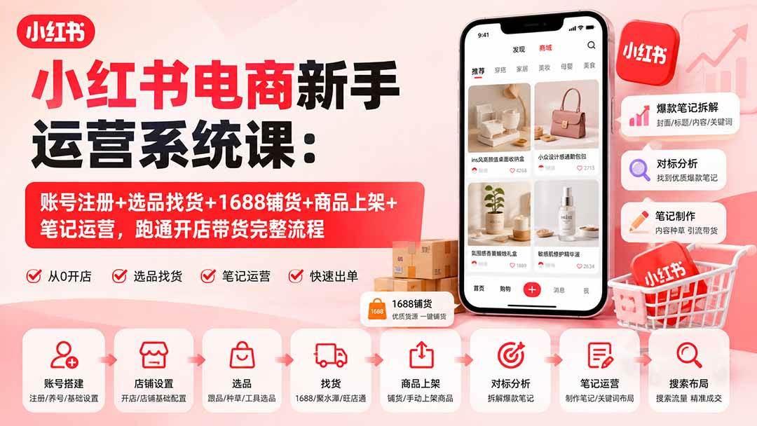 (20219期)小红书电商新手运营系统课:账号注册+选品找货+1688铺货+商品上架+笔记运营,跑通开店带货完整流程 (20219期)小红书电商新手运营系统课:账号注册+选品找货+1688铺货+商品上架+笔记运营,跑通开店带货完整流程